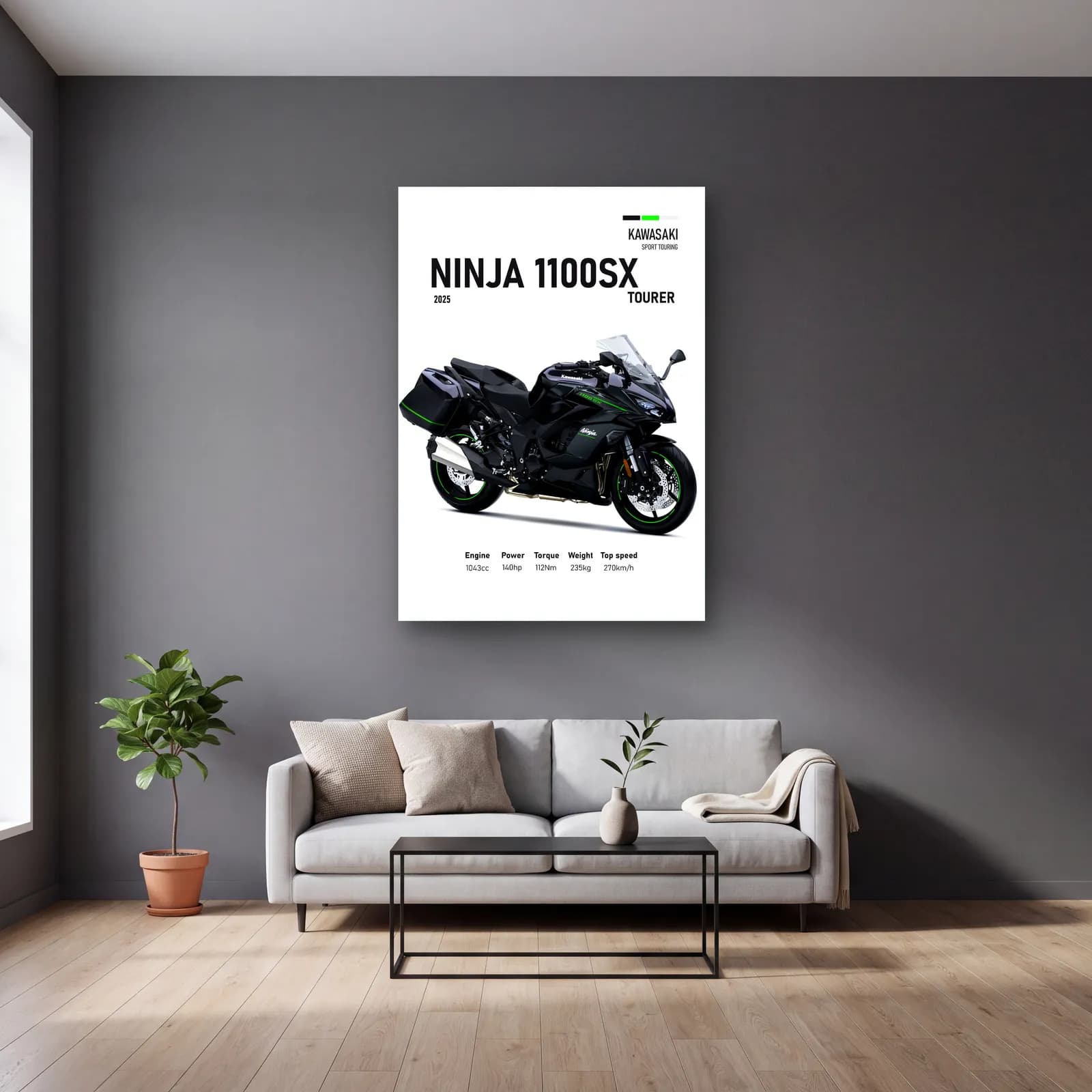 Kawasaki Ninja 1100SX Tourer 2025 cam tablo — gri duvarlı salonda