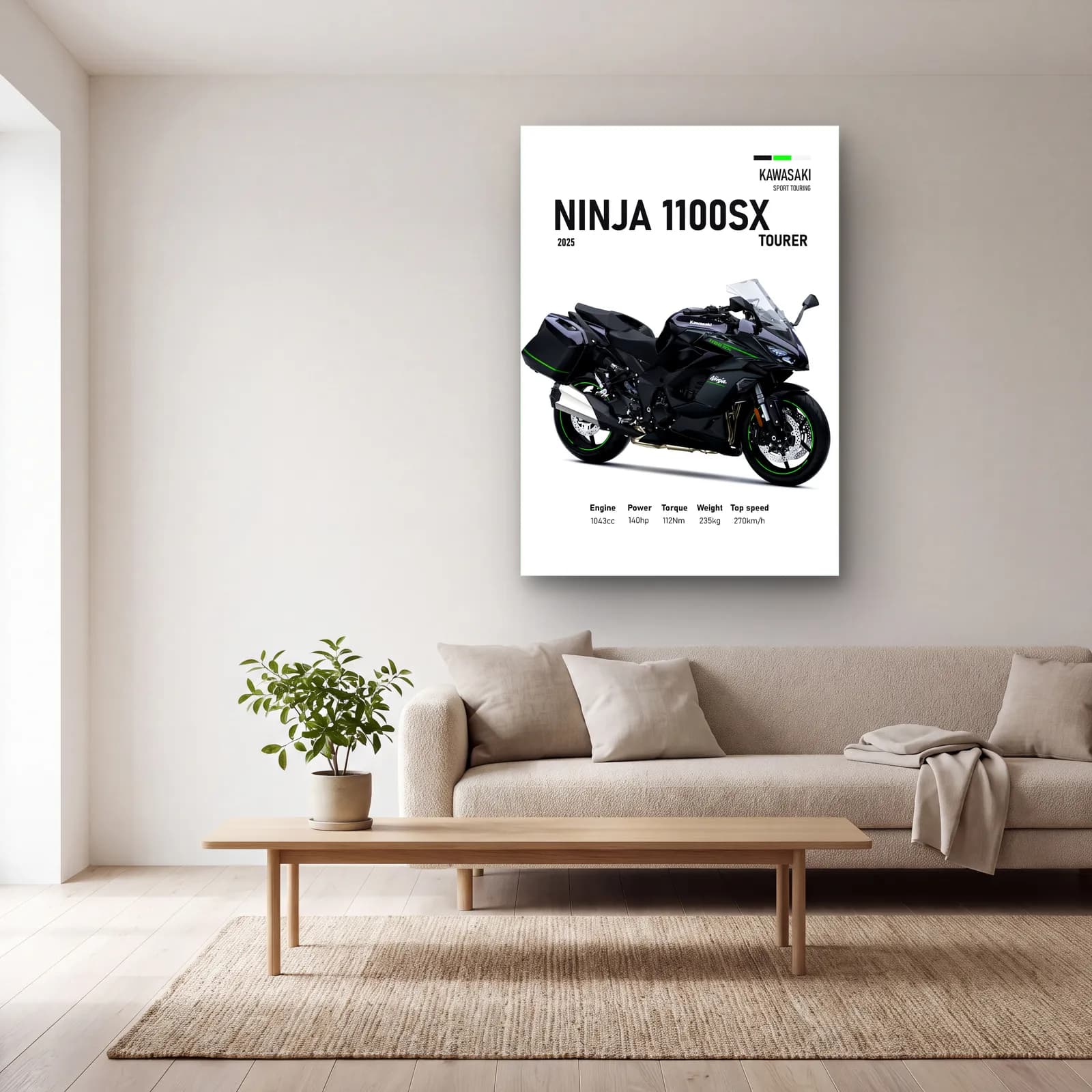 Kawasaki Ninja 1100SX Tourer 2025 cam tablo — açık renk salonda