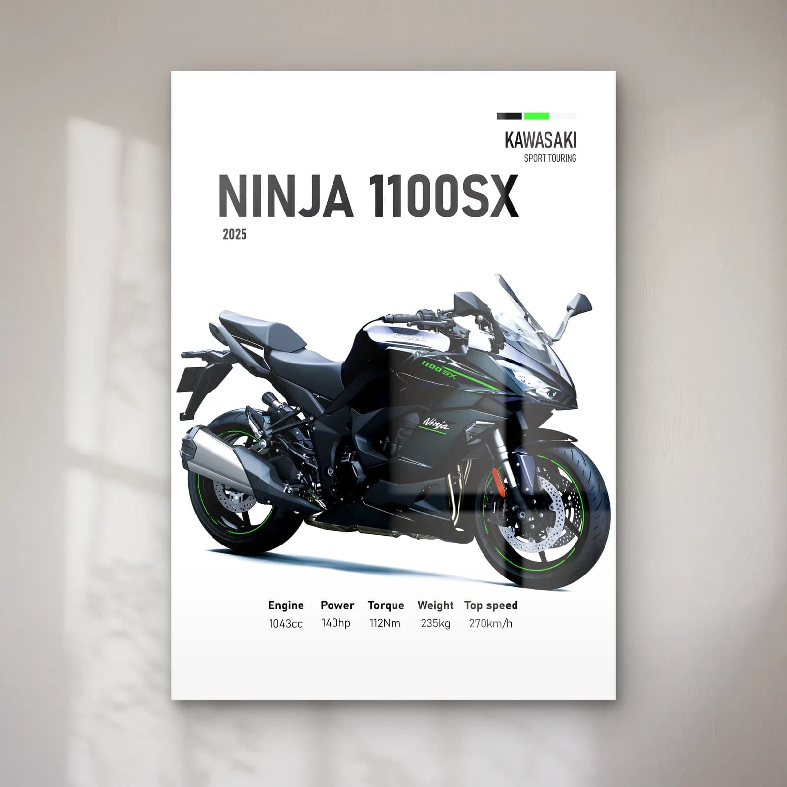 Kawasaki Ninja 1100SX 2025 cam tablo — Beyaz zeminde siyah gri Kawasaki Ninja 1100SX 2025 ve teknik veriler