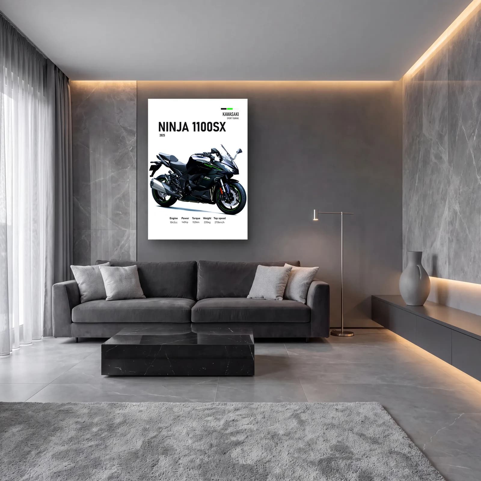 Kawasaki Ninja 1100SX 2025 cam tablo — lüks salon duvarında