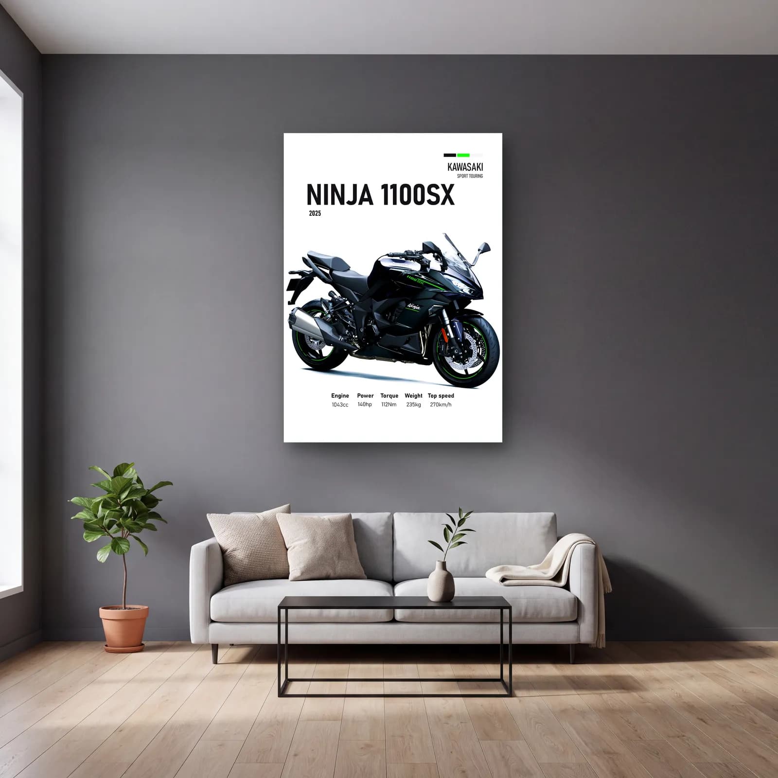 Kawasaki Ninja 1100SX 2025 cam tablo — gri duvarlı salonda