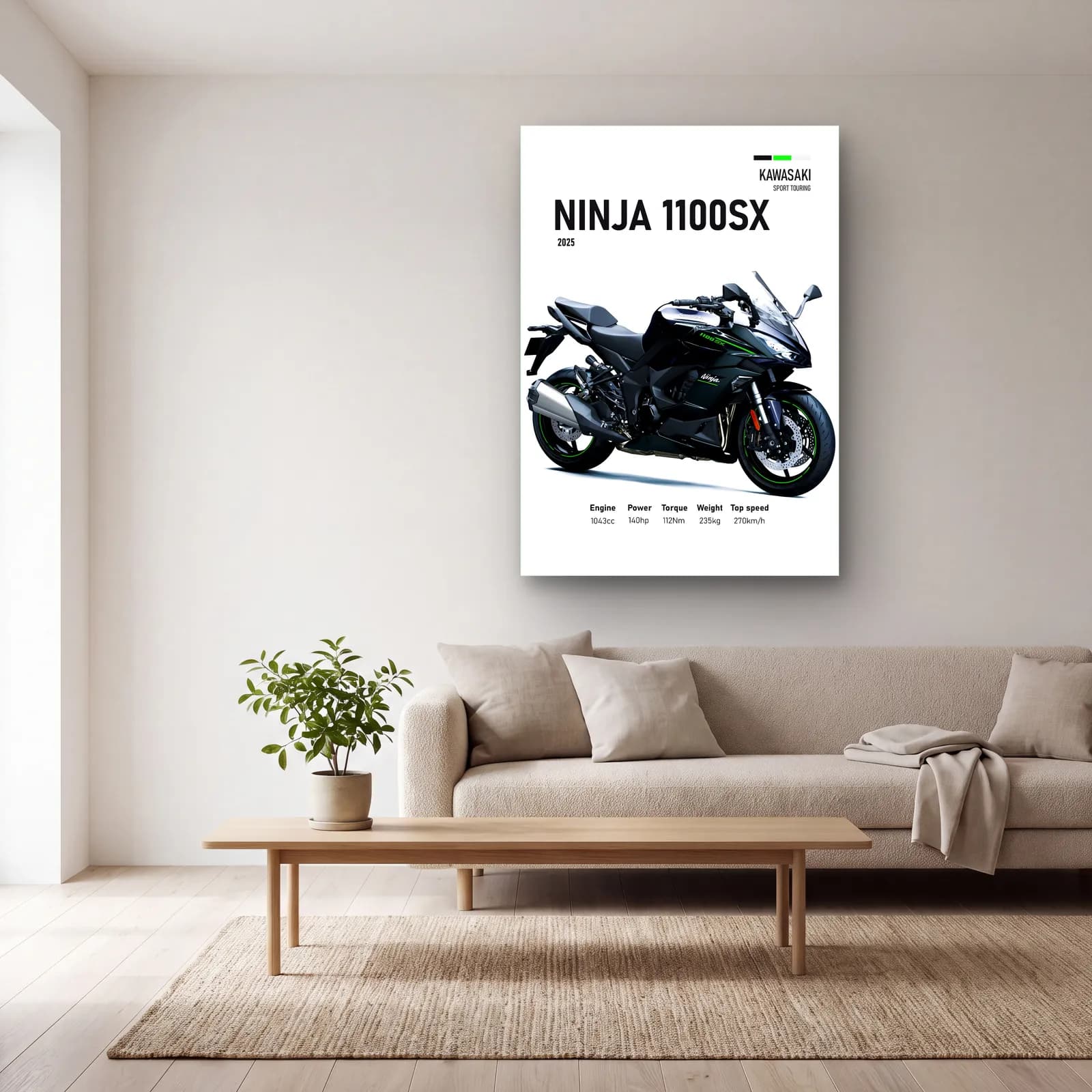 Kawasaki Ninja 1100SX 2025 cam tablo — açık renk salonda