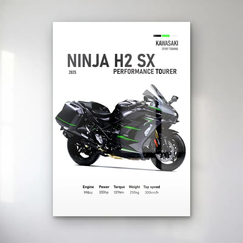 Ninja H2 SX Performance Tourer 2025 cam tablo — Beyaz zeminde siyah gri Kawasaki Ninja H2 SX Performance Tourer 2025 ve teknik veriler