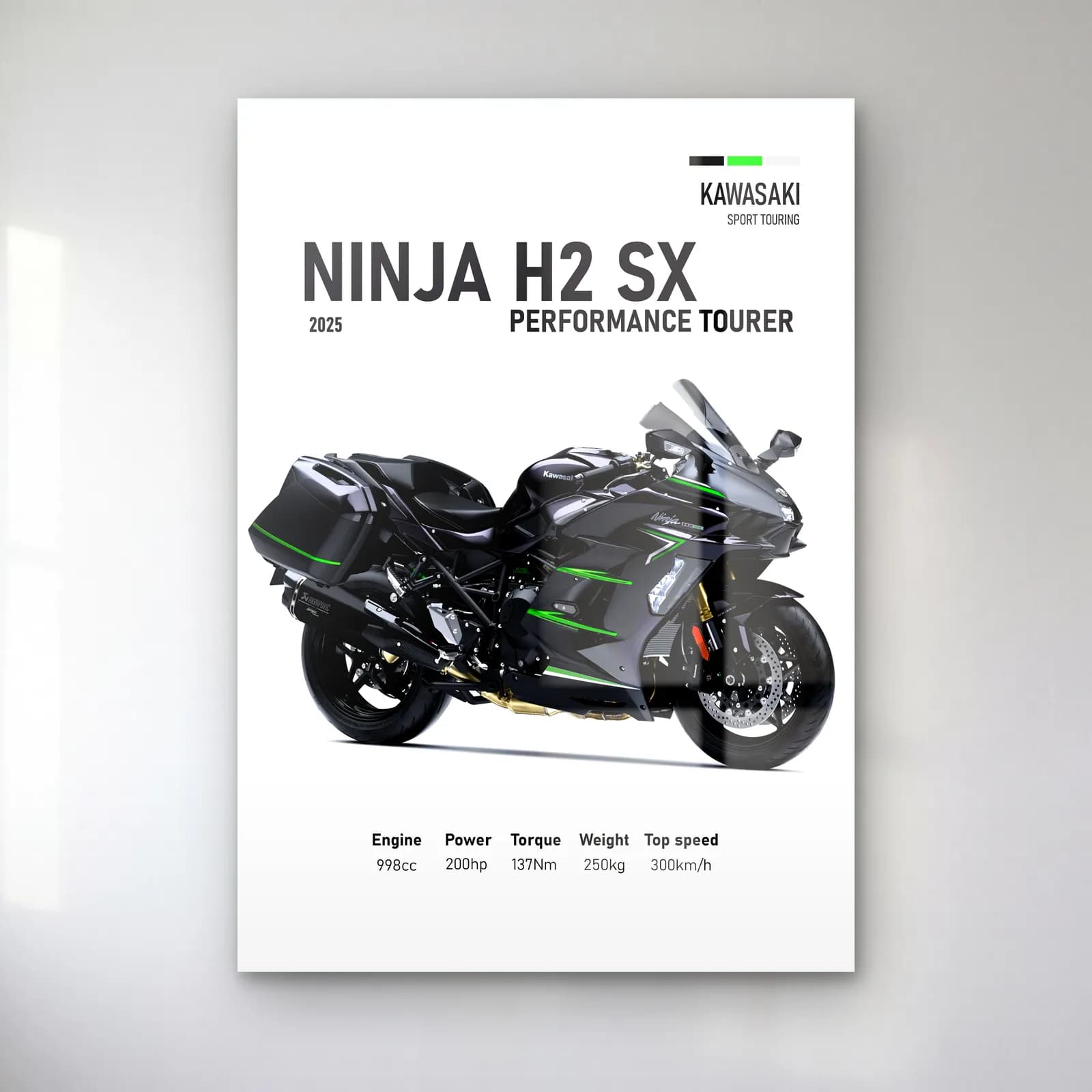 Ninja H2 SX Performance Tourer 2025 cam tablo — Beyaz zeminde siyah gri Kawasaki Ninja H2 SX Performance Tourer 2025 ve teknik veriler