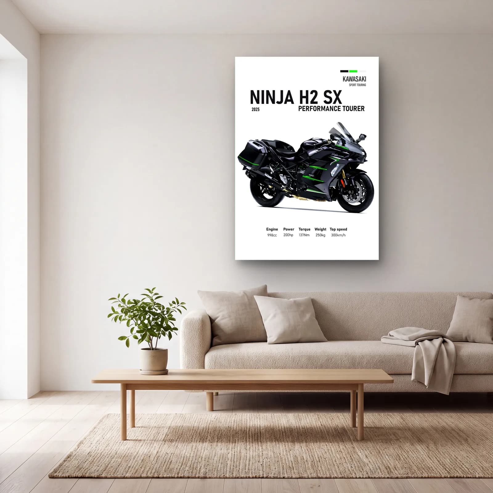 Ninja H2 SX Performance Tourer 2025 cam tablo — açık renk salonda