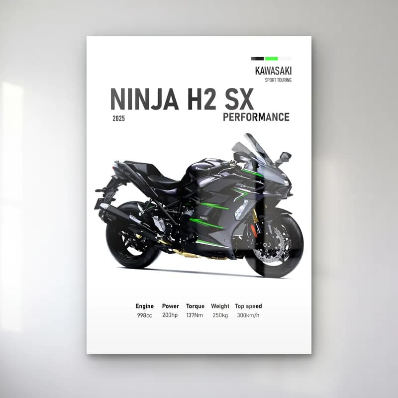 Kawasaki Ninja H2 SX Performance 2025 cam tablo — Beyaz zeminde siyah gri Kawasaki Ninja H2 SX Performance 2025 ve teknik veriler