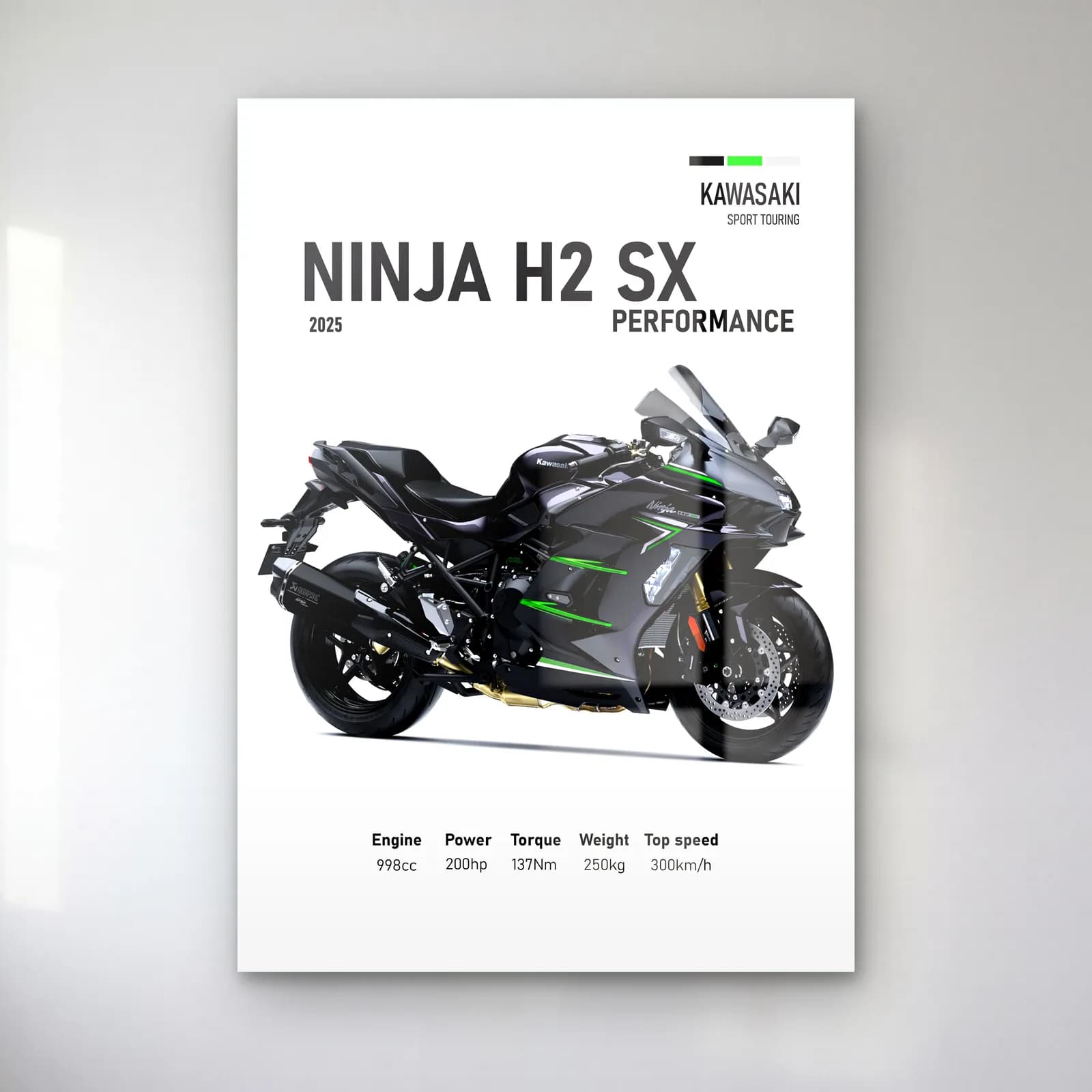 Kawasaki Ninja H2 SX Performance 2025 cam tablo — Beyaz zeminde siyah gri Kawasaki Ninja H2 SX Performance 2025 ve teknik veriler