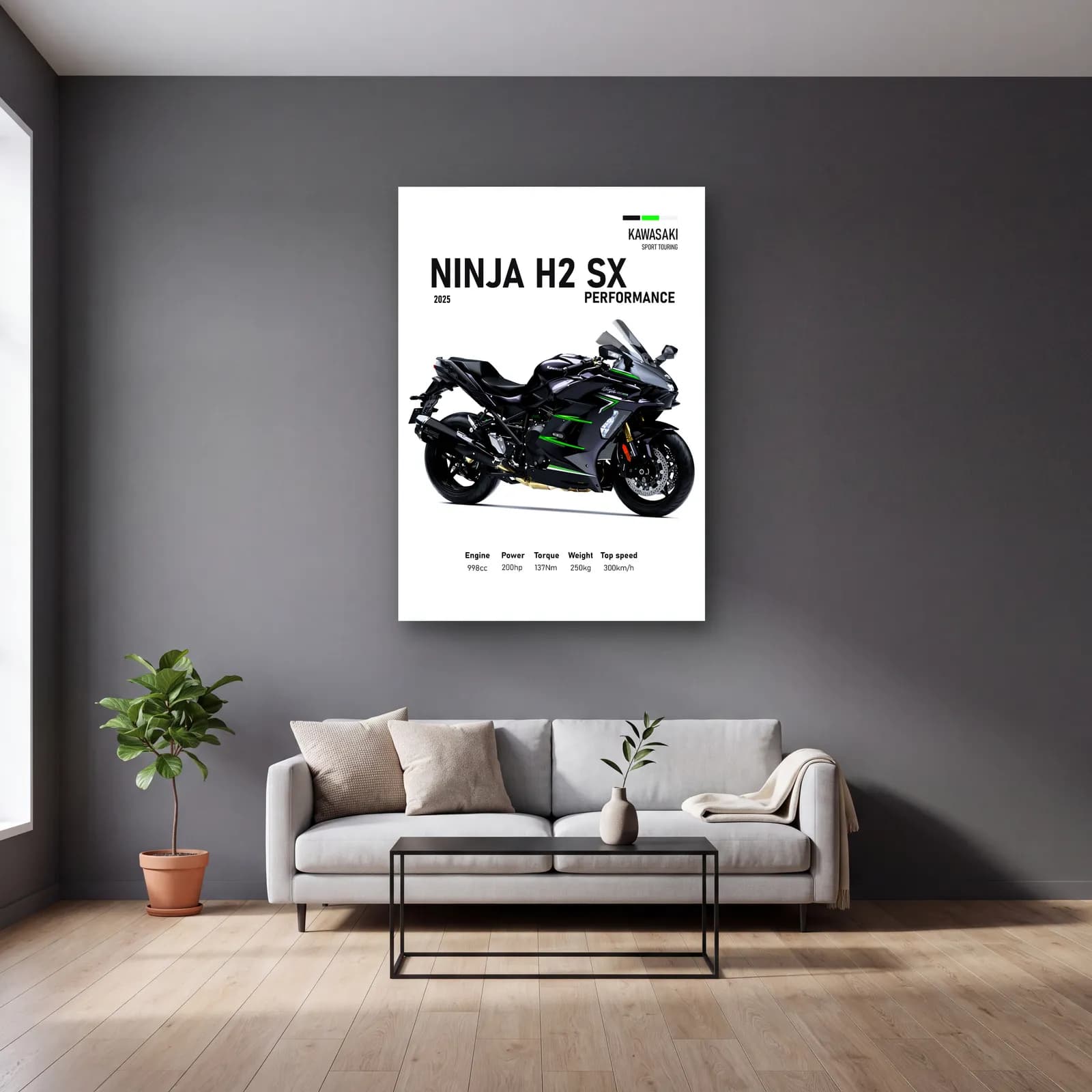 Kawasaki Ninja H2 SX Performance 2025 cam tablo — gri duvarlı salonda