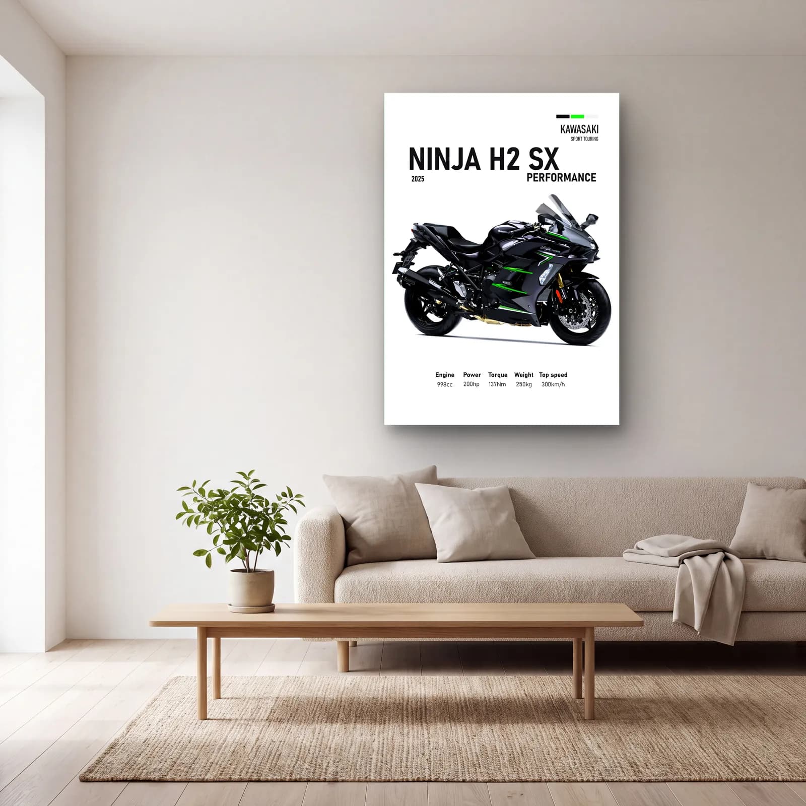 Kawasaki Ninja H2 SX Performance 2025 cam tablo — açık renk salonda