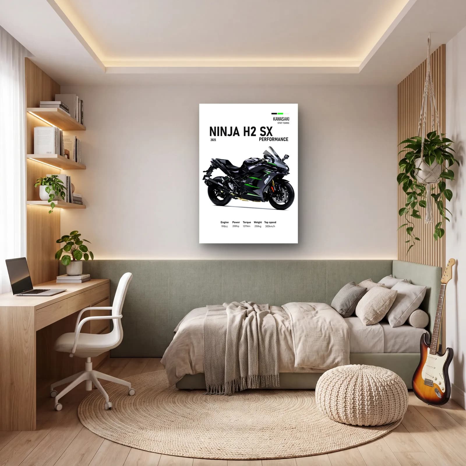 Kawasaki Ninja H2 SX Performance 2025 cam tablo — genç odasında