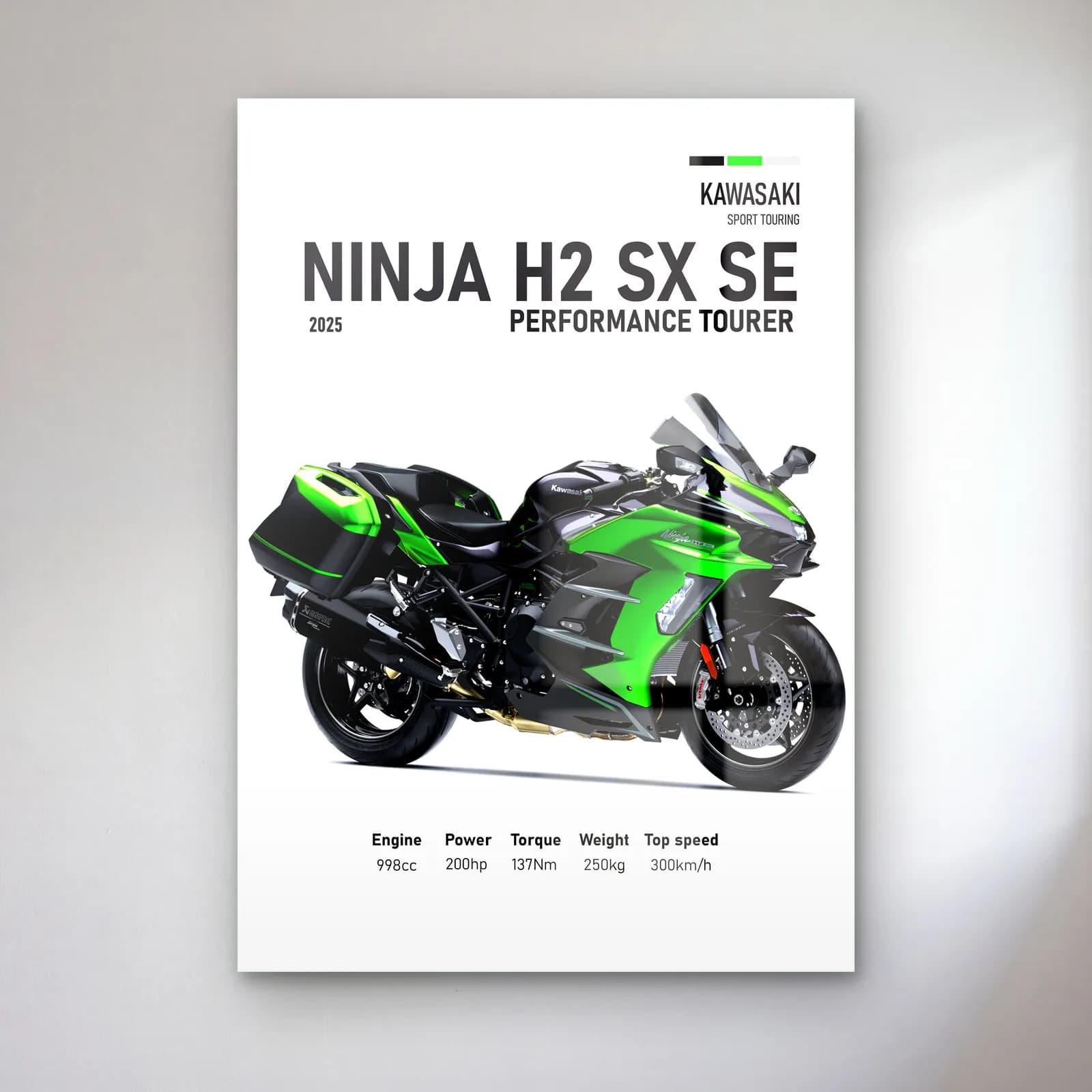 Ninja H2 SX SE Performance Tourer cam tablo — Beyaz zeminde yeşil siyah Kawasaki Ninja H2 SX SE Performance Tourer 2025 ve teknik veriler
