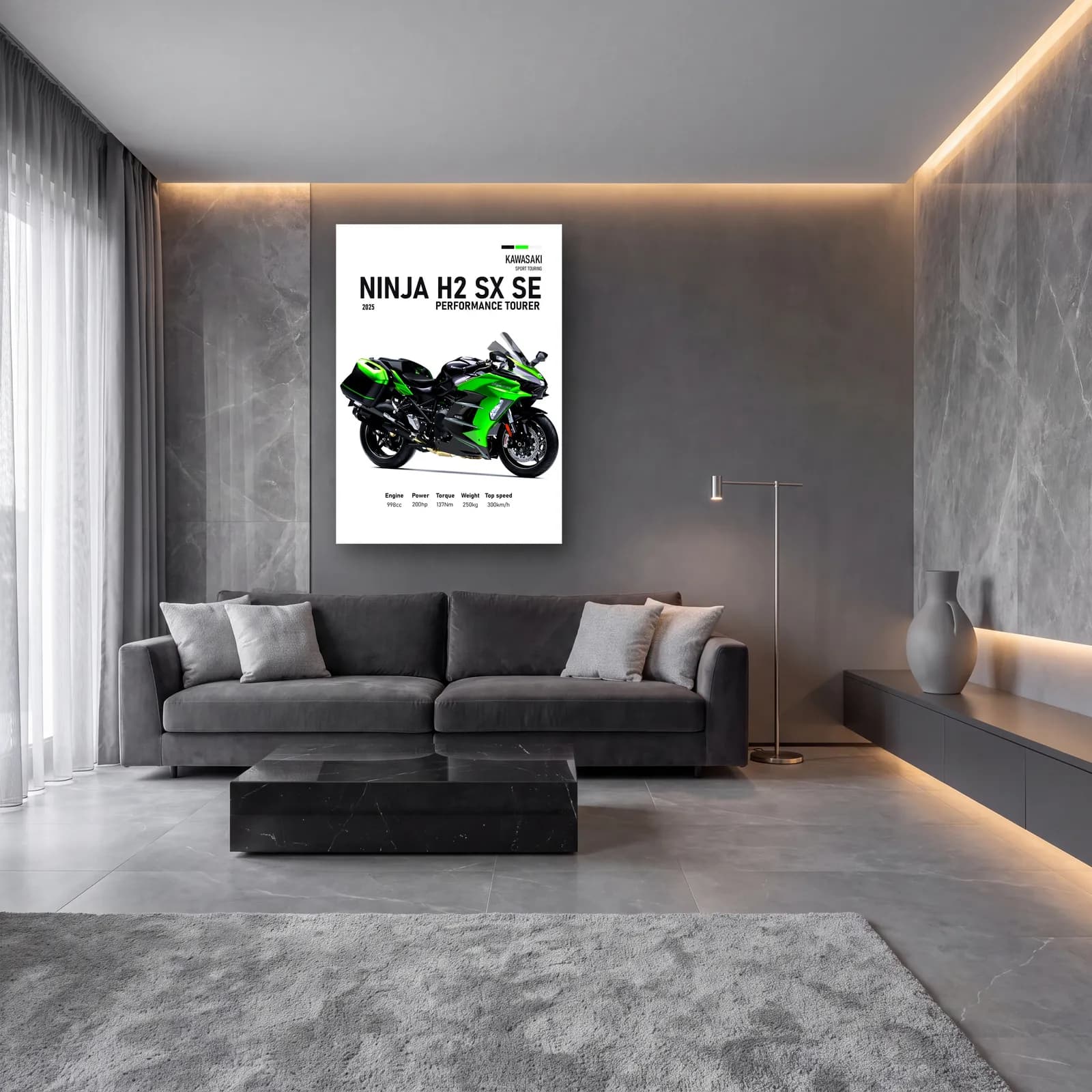 Ninja H2 SX SE Performance Tourer cam tablo — lüks salon duvarında