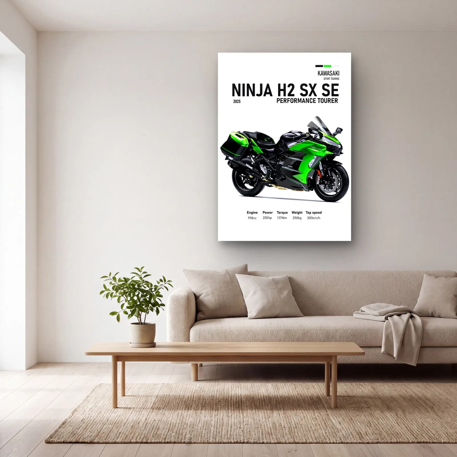 Ninja H2 SX SE Performance Tourer cam tablo — açık renk salonda