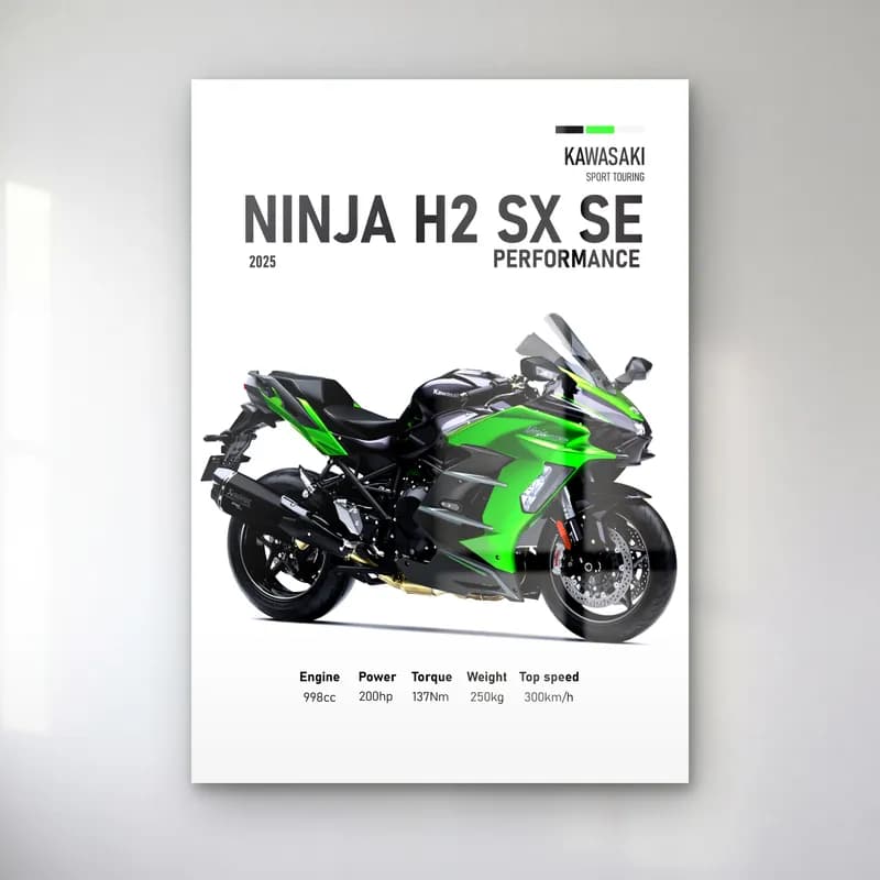 Ninja H2 SX SE Performance 2025 cam tablo — Beyaz zeminde yeşil siyah Kawasaki Ninja H2 SX SE Performance 2025 ve teknik veriler