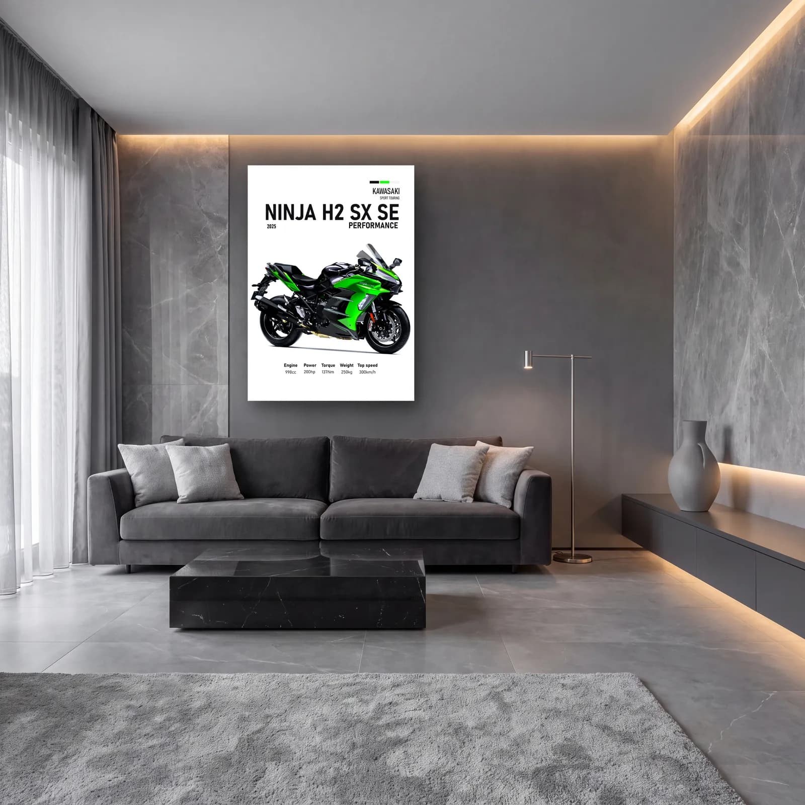 Ninja H2 SX SE Performance 2025 cam tablo — lüks salon duvarında