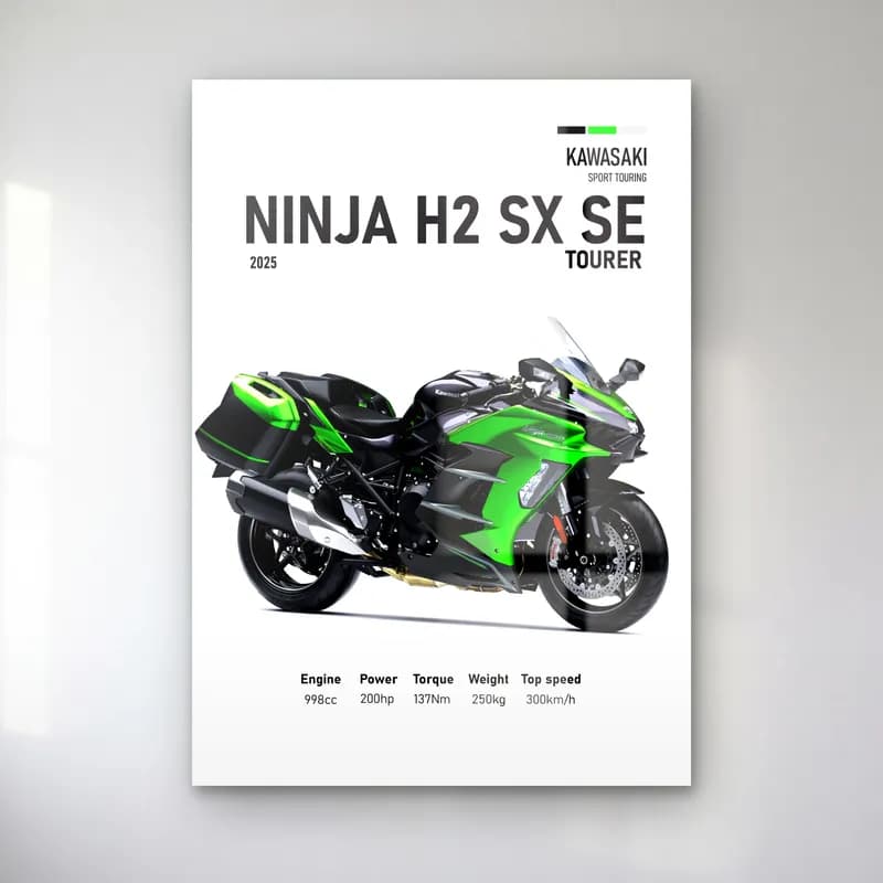 Ninja H2 SX SE Tourer 2025 cam tablo — Beyaz zeminde yeşil siyah Kawasaki Ninja H2 SX SE Tourer 2025 ve teknik veriler