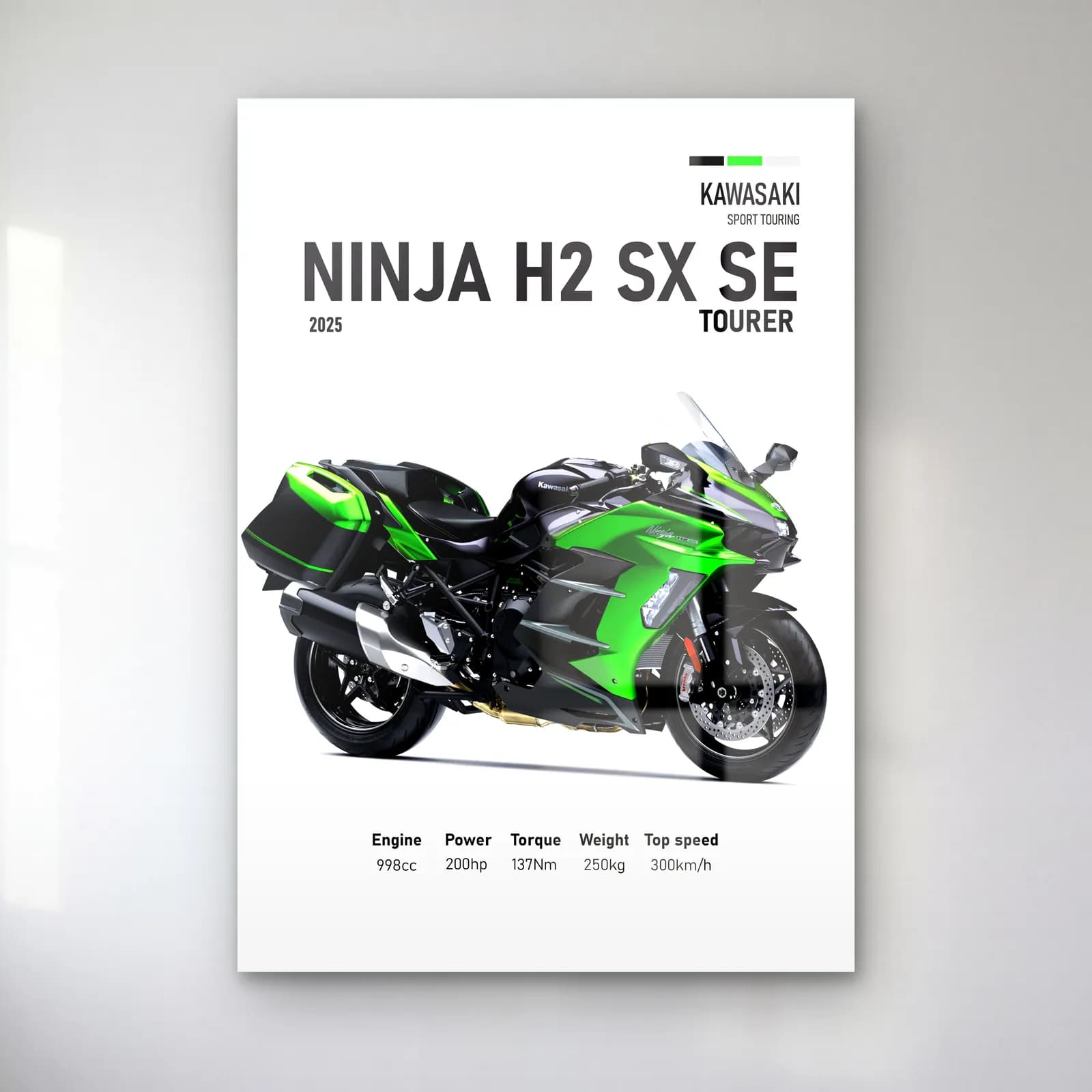 Ninja H2 SX SE Tourer 2025 cam tablo — Beyaz zeminde yeşil siyah Kawasaki Ninja H2 SX SE Tourer 2025 ve teknik veriler