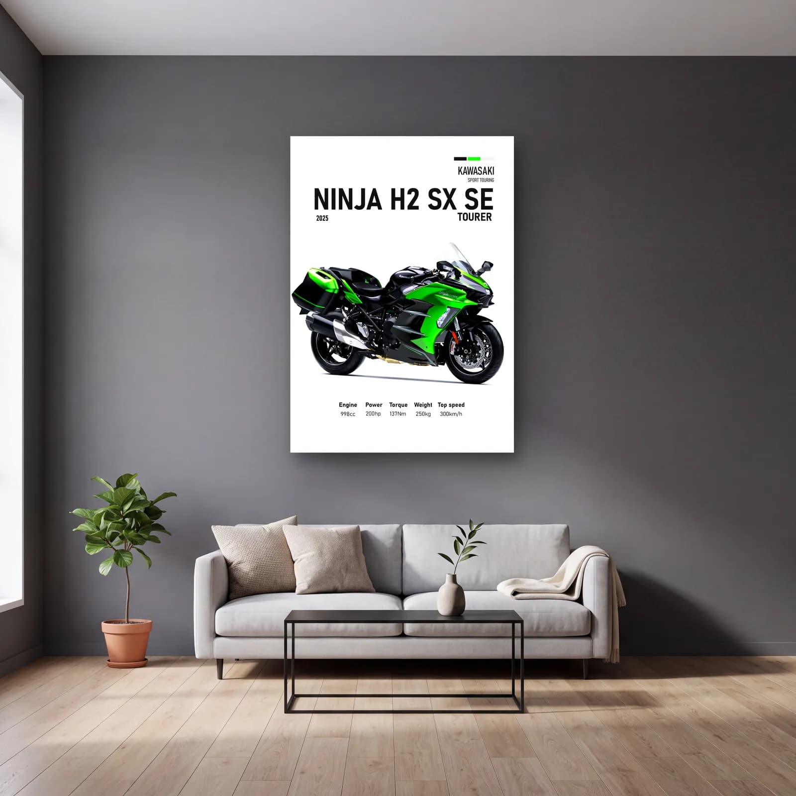 Ninja H2 SX SE Tourer 2025 cam tablo — gri duvarlı salonda