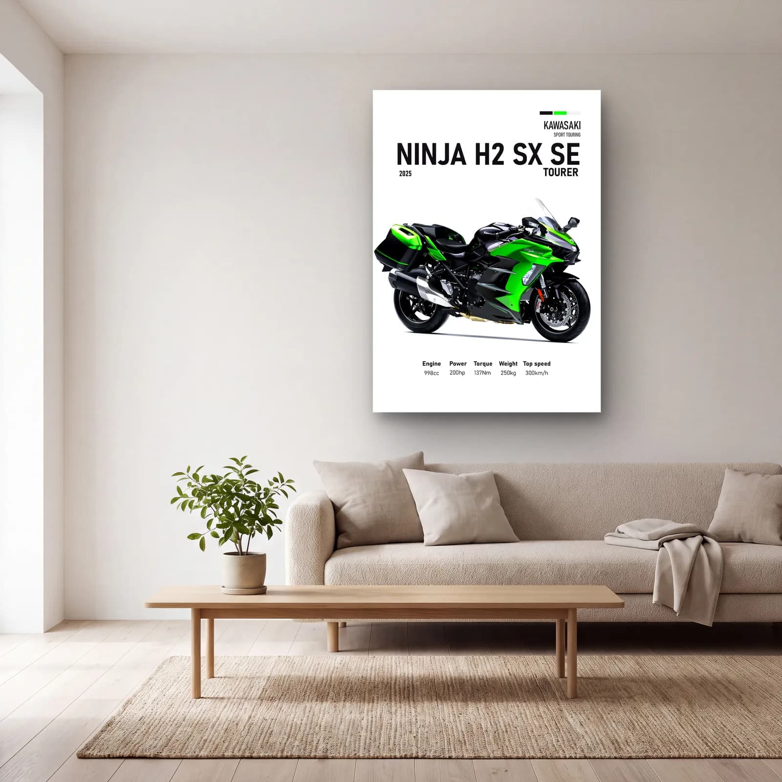 Ninja H2 SX SE Tourer 2025 cam tablo — açık renk salonda