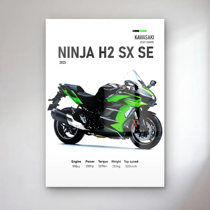 Kawasaki Ninja H2 SX SE 2025 cam tablo — Beyaz zeminde yeşil siyah Kawasaki Ninja H2 SX SE 2025 ve teknik veriler