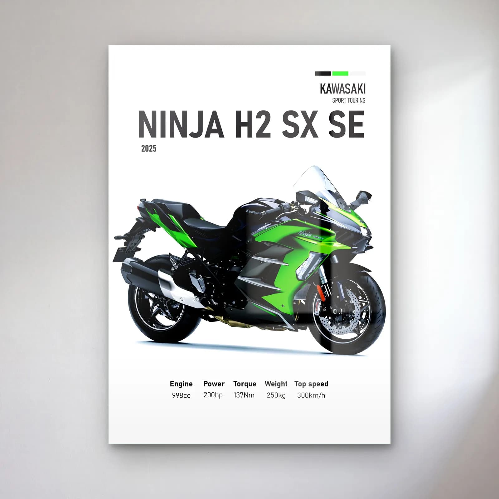 Kawasaki Ninja H2 SX SE 2025 cam tablo — Beyaz zeminde yeşil siyah Kawasaki Ninja H2 SX SE 2025 ve teknik veriler