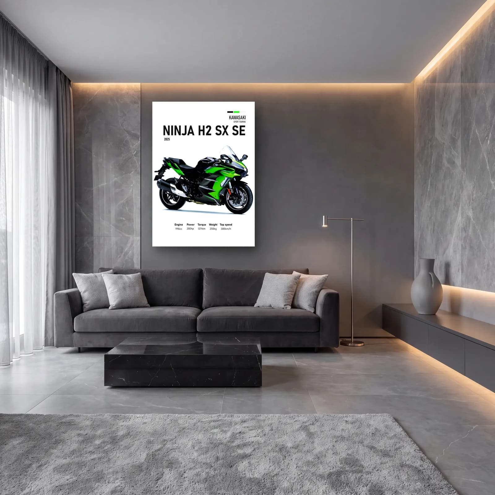Kawasaki Ninja H2 SX SE 2025 cam tablo — lüks salon duvarında