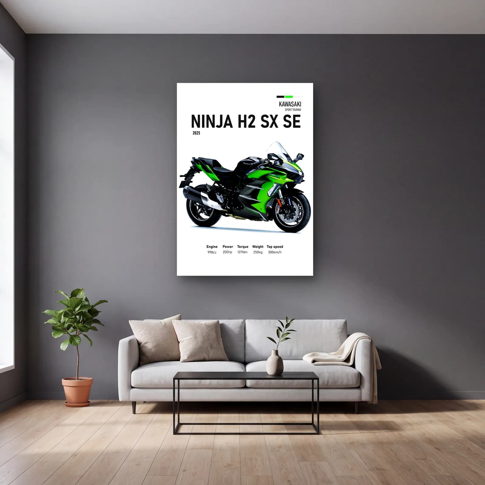 Kawasaki Ninja H2 SX SE 2025 cam tablo — gri duvarlı salonda