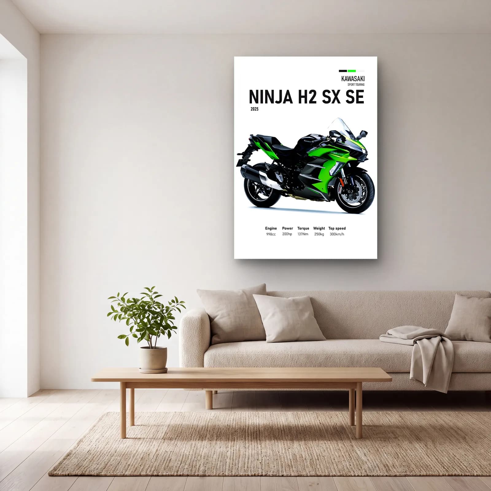 Kawasaki Ninja H2 SX SE 2025 cam tablo — açık renk salonda