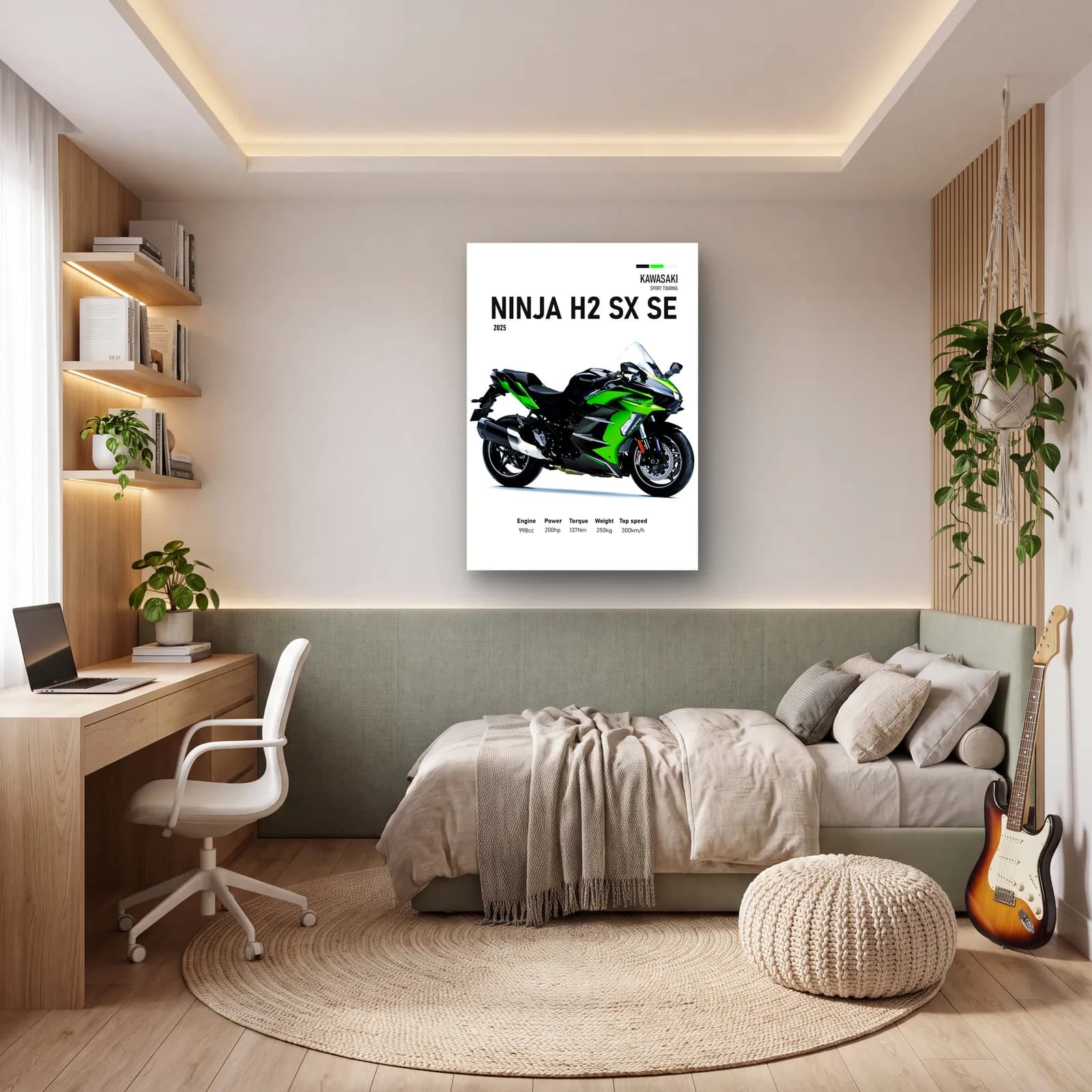 Kawasaki Ninja H2 SX SE 2025 cam tablo — genç odasında