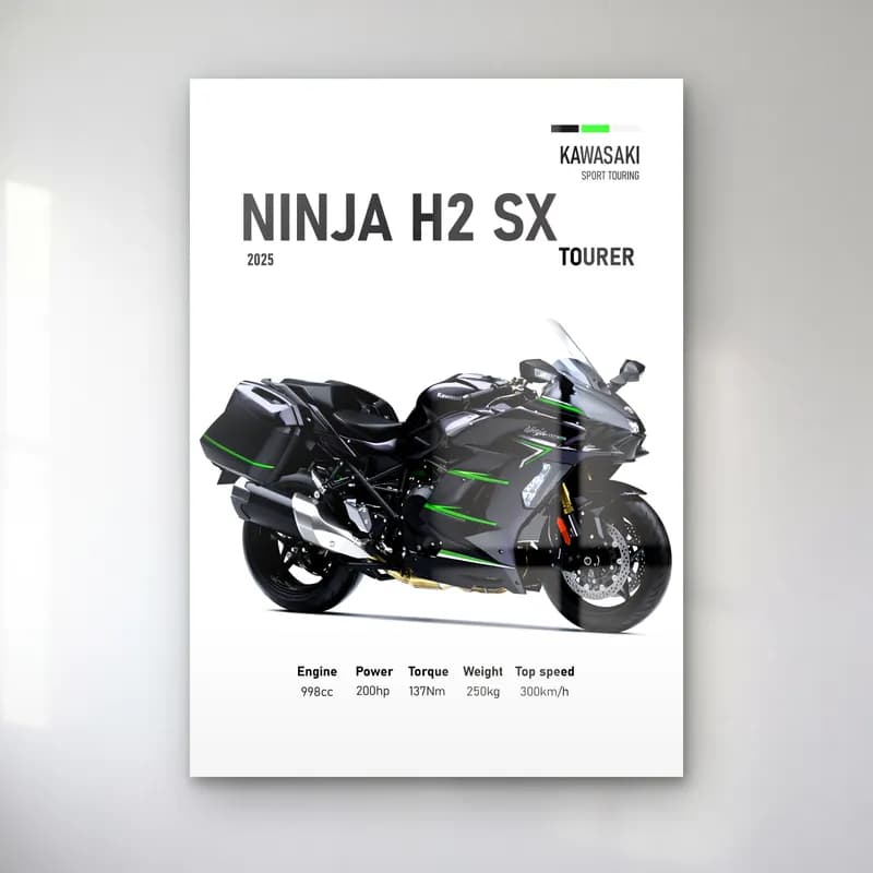 Kawasaki Ninja H2 SX Tourer 2025 cam tablo — Beyaz zeminde siyah gri Kawasaki Ninja H2 SX Tourer 2025 ve teknik veriler