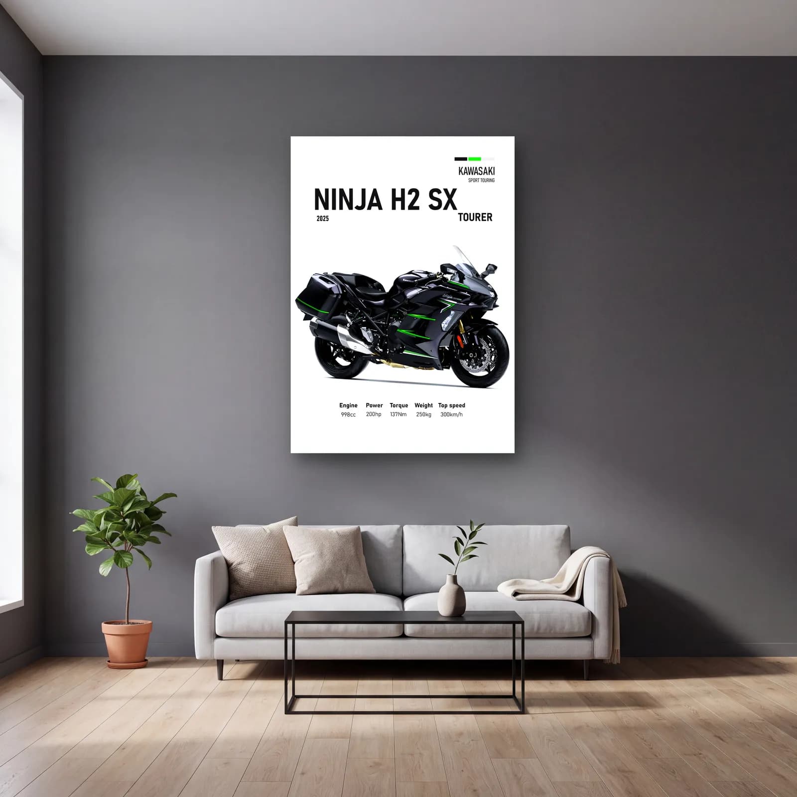 Kawasaki Ninja H2 SX Tourer 2025 cam tablo — gri duvarlı salonda