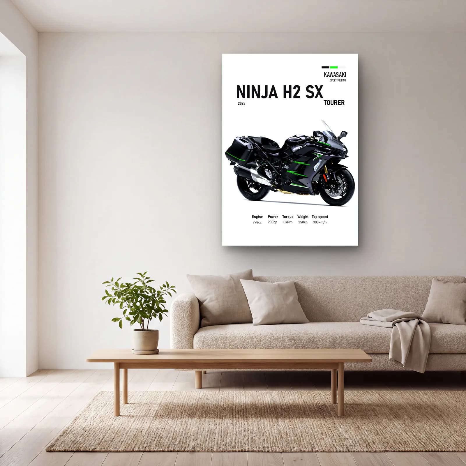 Kawasaki Ninja H2 SX Tourer 2025 cam tablo — açık renk salonda