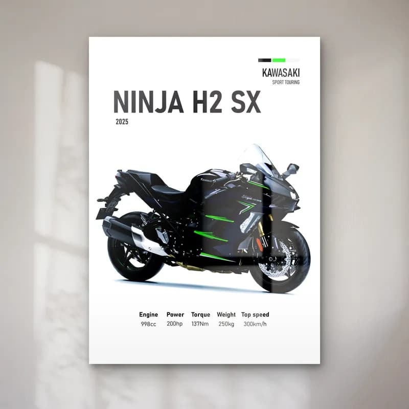 Kawasaki Ninja H2 SX 2025 cam tablo — Beyaz zeminde siyah gri Kawasaki Ninja H2 SX 2025 ve teknik veriler