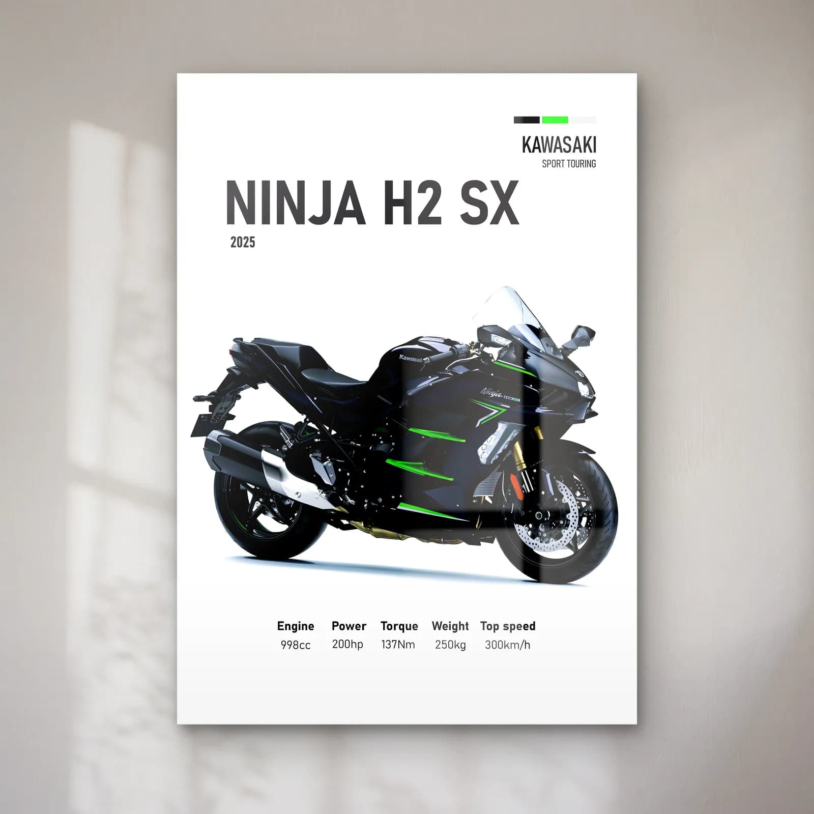 Kawasaki Ninja H2 SX 2025 cam tablo — Beyaz zeminde siyah gri Kawasaki Ninja H2 SX 2025 ve teknik veriler