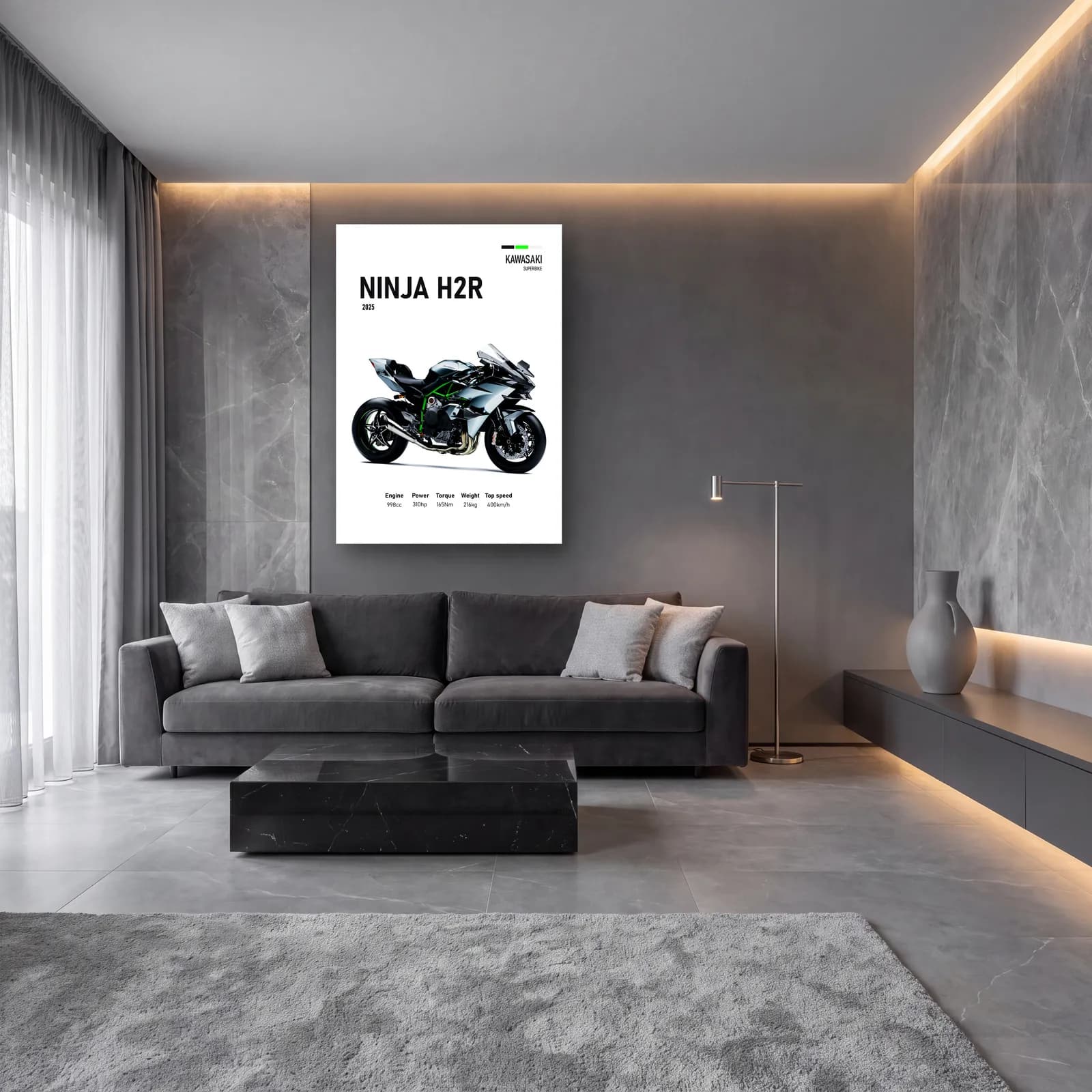 Kawasaki Ninja H2R 2025 cam tablo — lüks salon duvarında