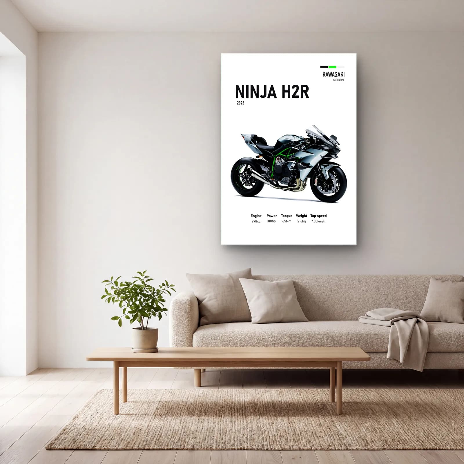 Kawasaki Ninja H2R 2025 cam tablo — açık renk salonda
