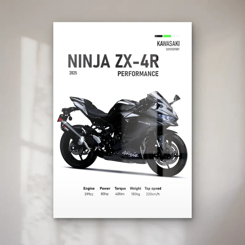 Kawasaki Ninja ZX-4R Performance 2025 cam tablo — Beyaz zeminde siyah gri Kawasaki Ninja ZX-4R Performance 2025 ve teknik veriler