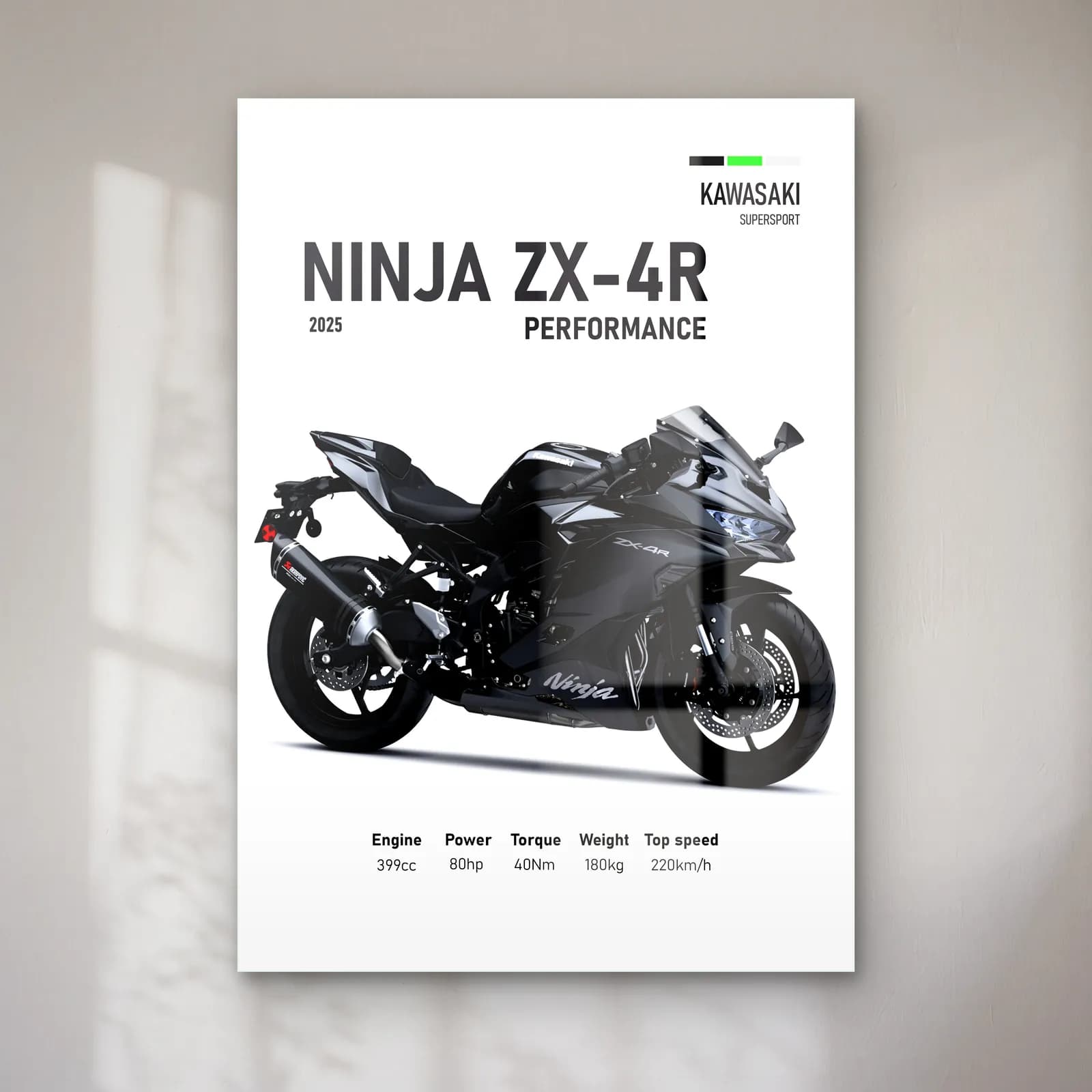 Kawasaki Ninja ZX-4R Performance 2025 cam tablo — Beyaz zeminde siyah gri Kawasaki Ninja ZX-4R Performance 2025 ve teknik veriler