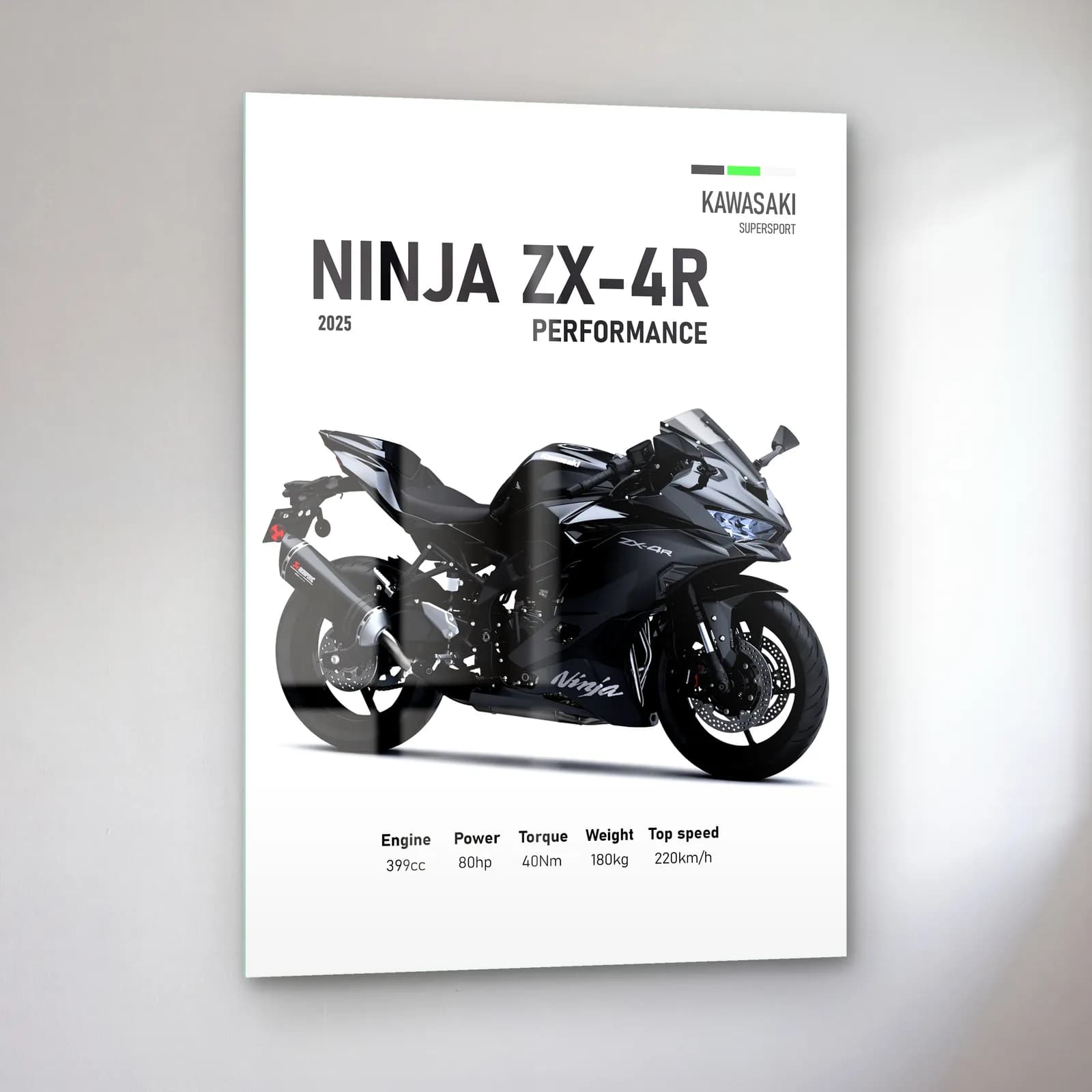 Kawasaki Ninja ZX-4R Performance 2025 cam tablo — sol açıdan görünüm