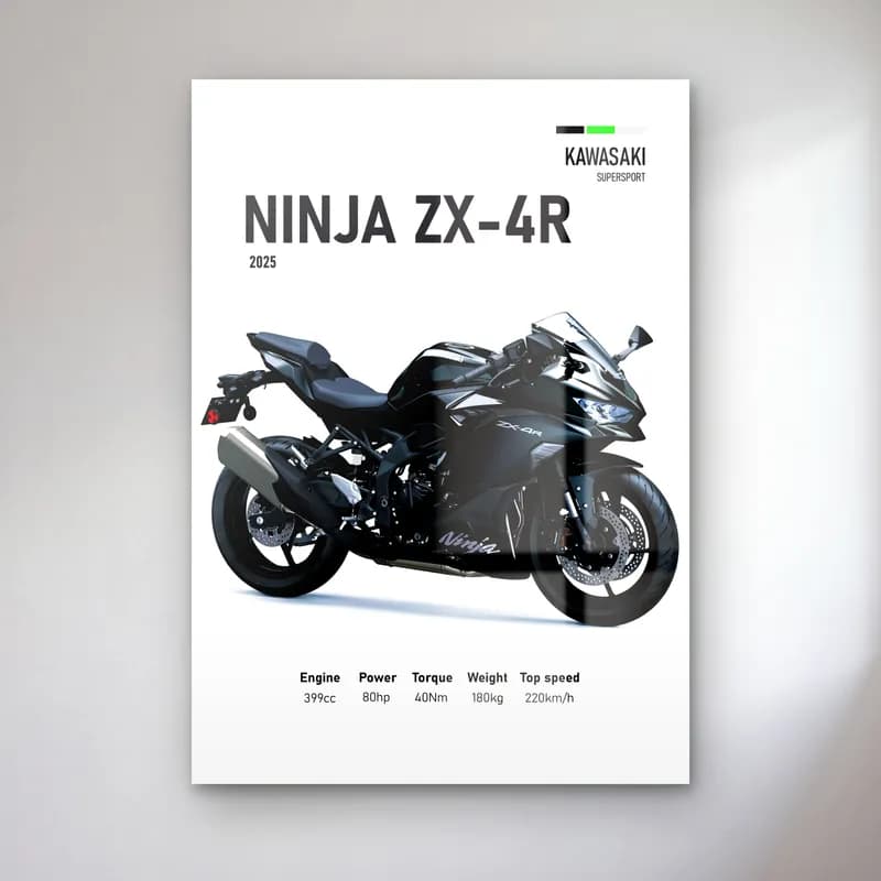 Kawasaki Ninja ZX-4R 2025 cam tablo — Beyaz zeminde siyah gri Kawasaki Ninja ZX-4R 2025 ve teknik veriler