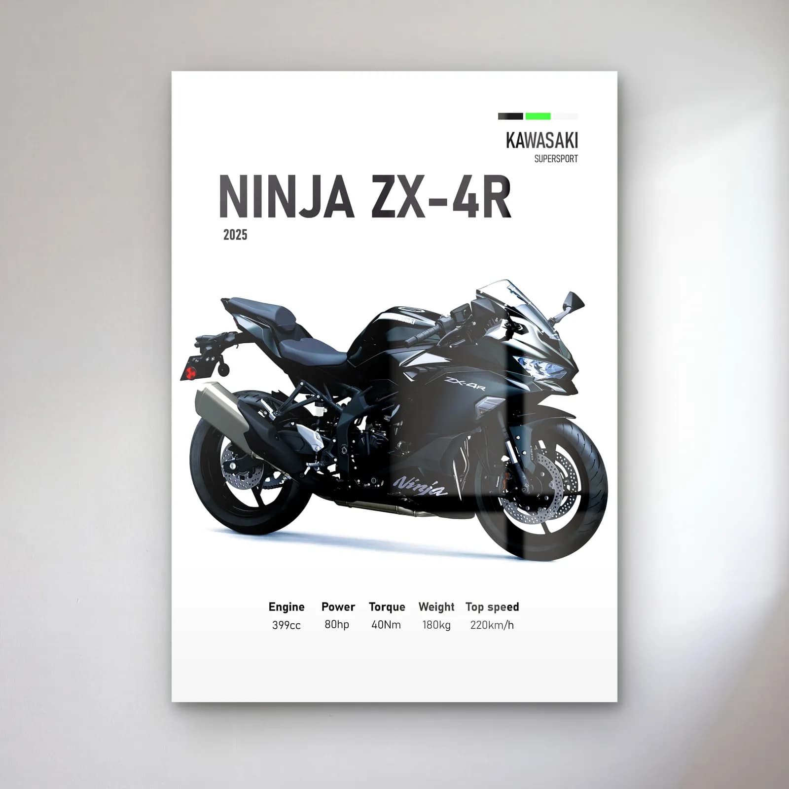 Kawasaki Ninja ZX-4R 2025 cam tablo — Beyaz zeminde siyah gri Kawasaki Ninja ZX-4R 2025 ve teknik veriler