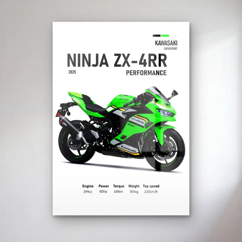 Kawasaki Ninja ZX-4RR Performance 2025 cam tablo — Beyaz zeminde yeşil siyah Kawasaki Ninja ZX-4RR Performance 2025 ve teknik veriler
