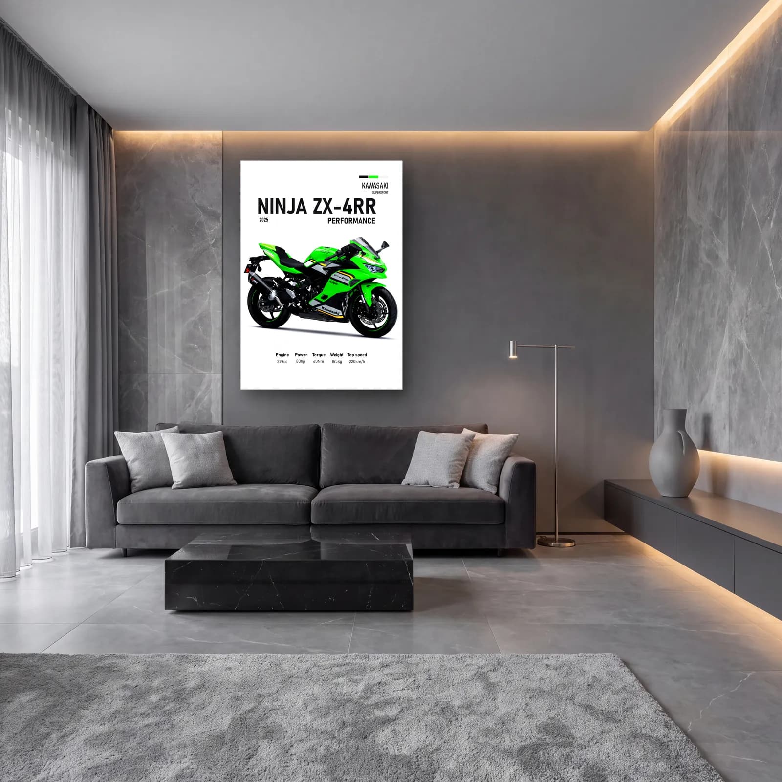 Kawasaki Ninja ZX-4RR Performance 2025 cam tablo — lüks salon duvarında