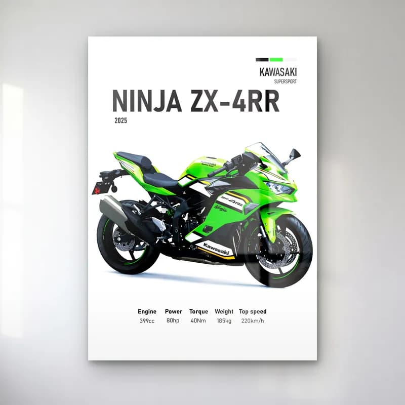 Kawasaki Ninja ZX-4RR 2025 cam tablo — Beyaz zeminde yeşil siyah Kawasaki Ninja ZX-4RR 2025 ve teknik veriler