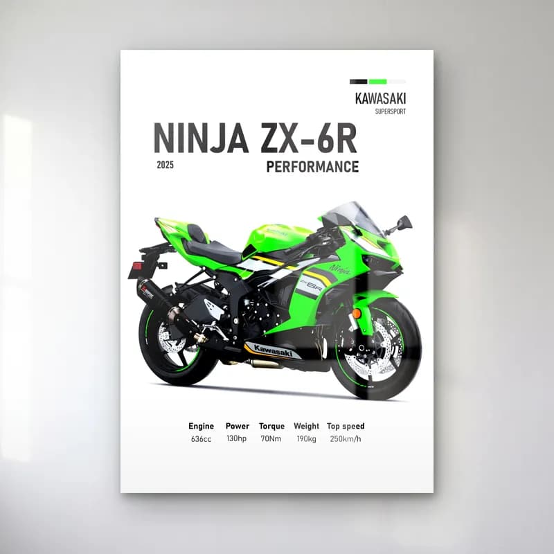 Kawasaki Ninja ZX-6R Performance 2025 cam tablo — Beyaz zeminde yeşil siyah Kawasaki Ninja ZX-6R Performance 2025 ve teknik veriler