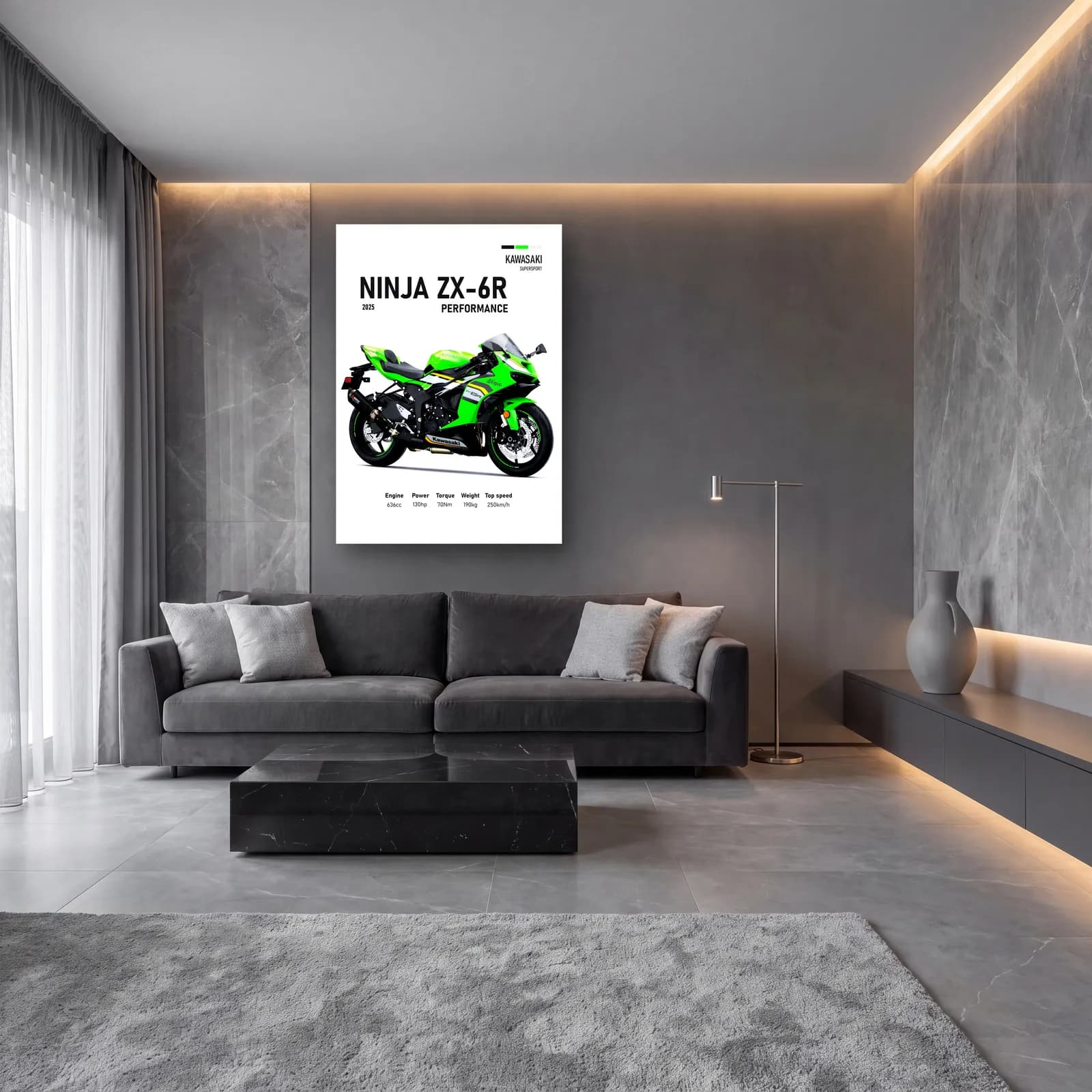 Kawasaki Ninja ZX-6R Performance 2025 cam tablo — lüks salon duvarında
