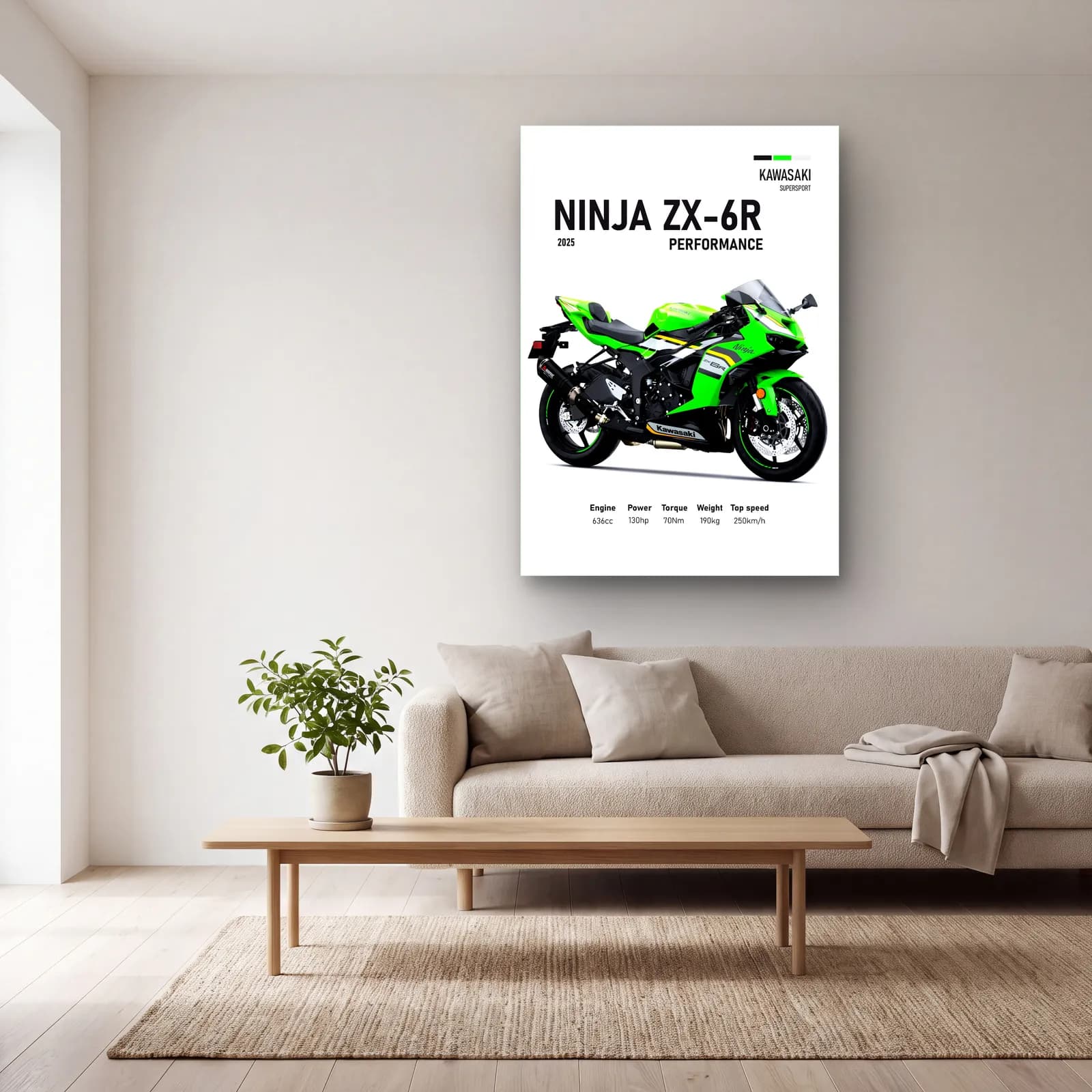 Kawasaki Ninja ZX-6R Performance 2025 cam tablo — açık renk salonda