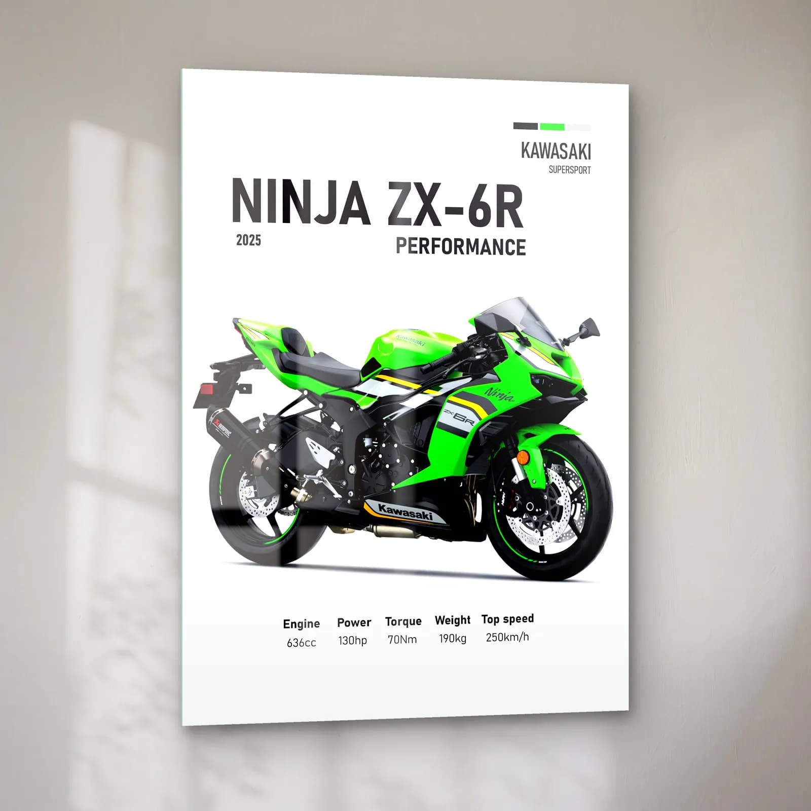 Kawasaki Ninja ZX-6R Performance 2025 cam tablo — sol açıdan görünüm