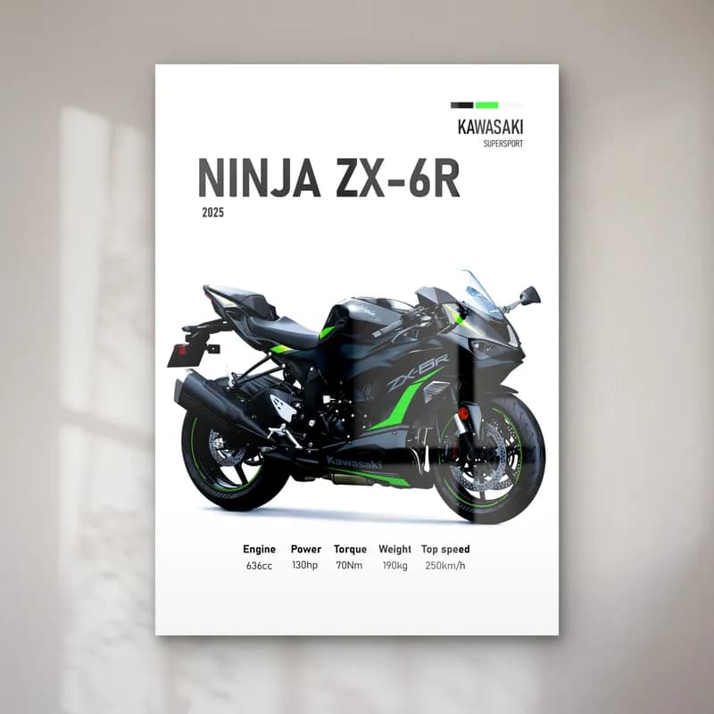 Kawasaki Ninja ZX-6R 2025 cam tablo — Beyaz zeminde siyah gri Kawasaki Ninja ZX-6R 2025 ve teknik veriler