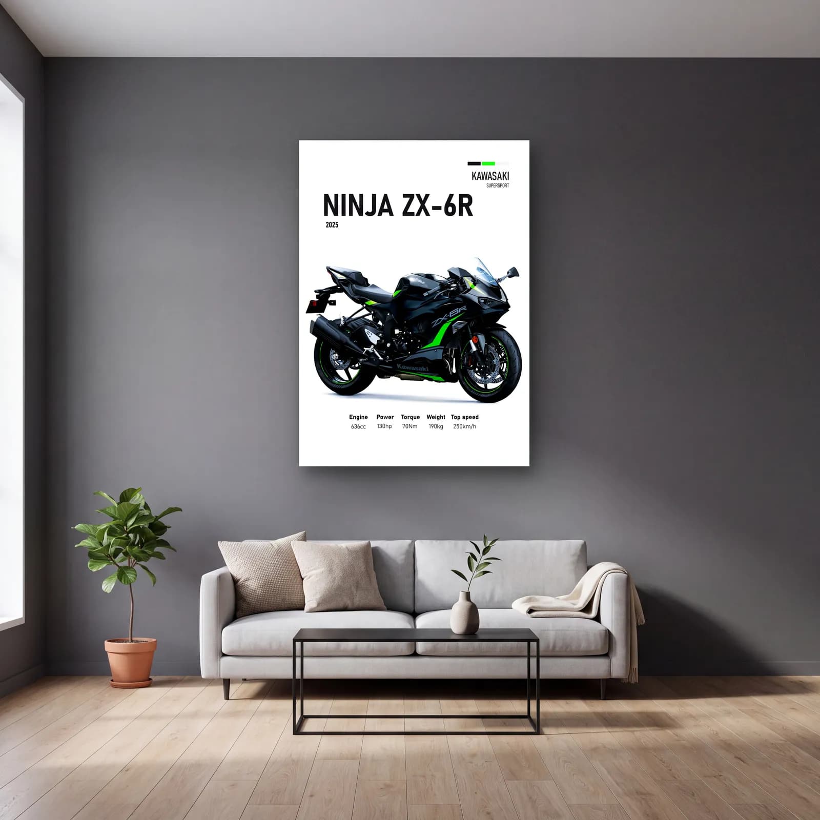 Kawasaki Ninja ZX-6R 2025 cam tablo — gri duvarlı salonda